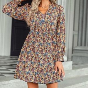 V-Neck Button Detail Floral Dress